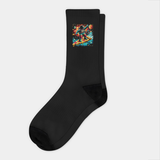Funny Pizza Lover, Astronaut Surfing in Space Socks by logiamerch