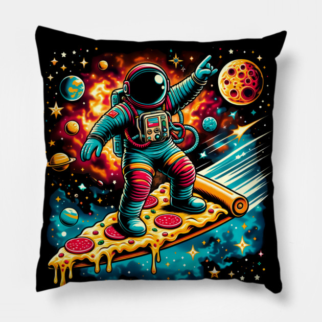 Funny Pizza Lover, Astronaut Surfing in Space Pillow by logiamerch
