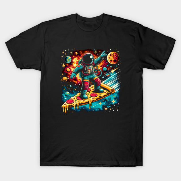 Funny Pizza Lover, Astronaut Surfing in Space T-Shirt by logiamerch