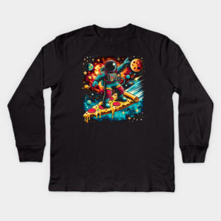 Funny Pizza Lover, Astronaut Surfing in Space Kids Long Sleeve T-Shirt