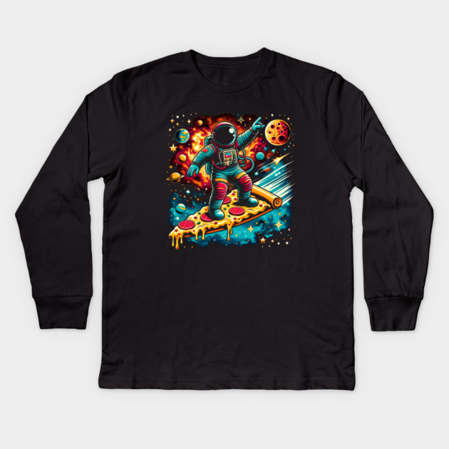 Funny Pizza Lover, Astronaut Surfing in Space Kids Long Sleeve T-Shirt by logiamerch