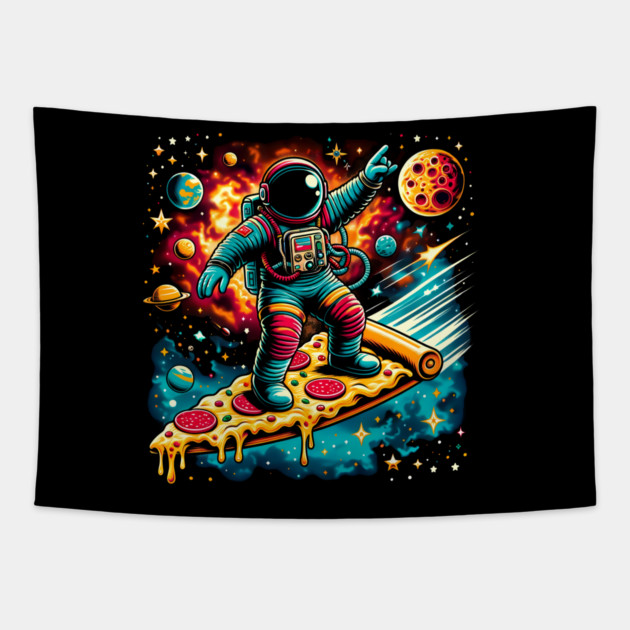 Funny Pizza Lover, Astronaut Surfing in Space Tapestry by logiamerch