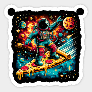 Funny Pizza Lover, Astronaut Surfing in Space Sticker
