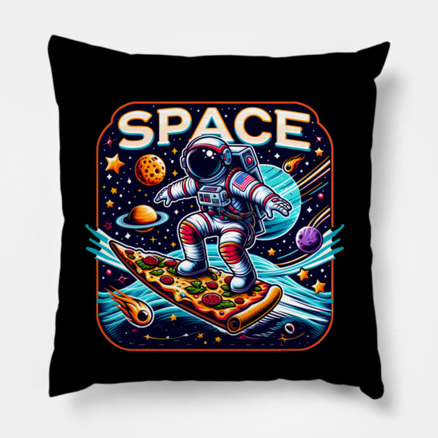 Funny Pizza Lover, Astronaut Surfing in Space Pillow by logiamerch