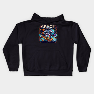 Funny Pizza Lover, Astronaut Surfing in Space Kids Hoodie