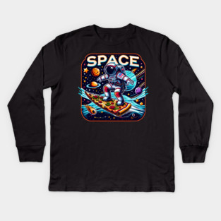 Funny Pizza Lover, Astronaut Surfing in Space Kids Long Sleeve T-Shirt