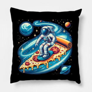 Funny Pizza Lover, Astronaut Surfing in Space Pillow