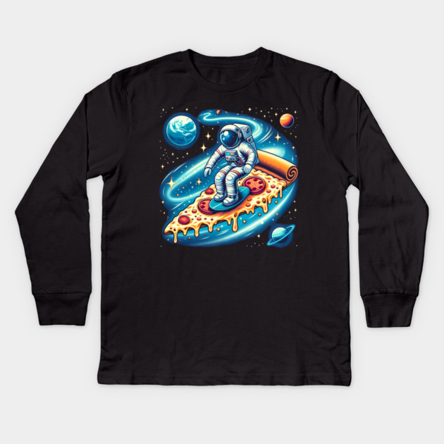Funny Pizza Lover, Astronaut Surfing in Space Kids Long Sleeve T-Shirt by logiamerch