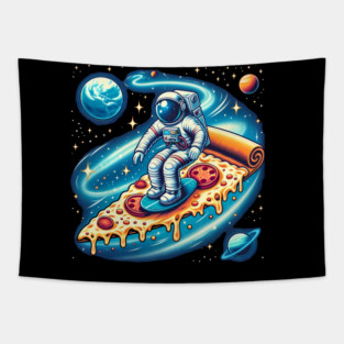 Funny Pizza Lover, Astronaut Surfing in Space Tapestry