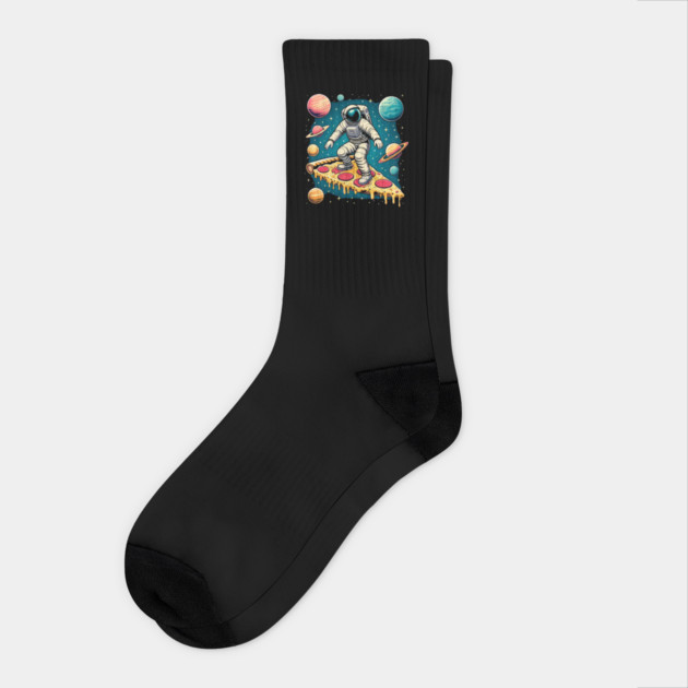 Funny Pizza Lover, Astronaut Surfing in Space Socks by logiamerch