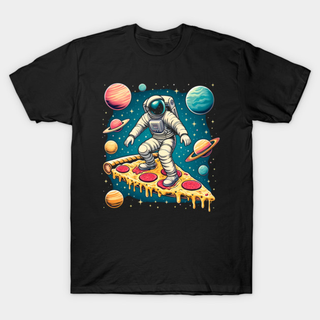 Funny Pizza Lover, Astronaut Surfing in Space T-Shirt by logiamerch