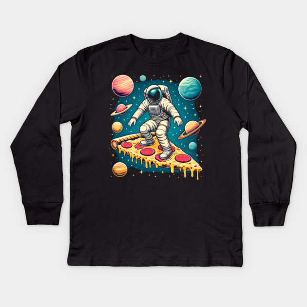 Funny Pizza Lover, Astronaut Surfing in Space Kids Long Sleeve T-Shirt by logiamerch