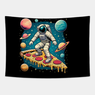 Funny Pizza Lover, Astronaut Surfing in Space Tapestry
