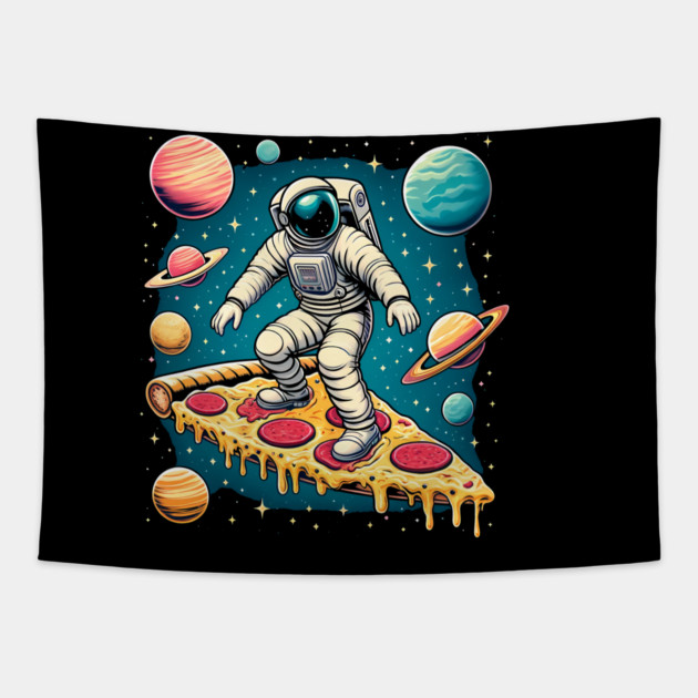 Funny Pizza Lover, Astronaut Surfing in Space Tapestry by logiamerch