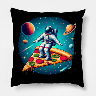 Funny Pizza Lover, Astronaut Surfing in Space Pillow