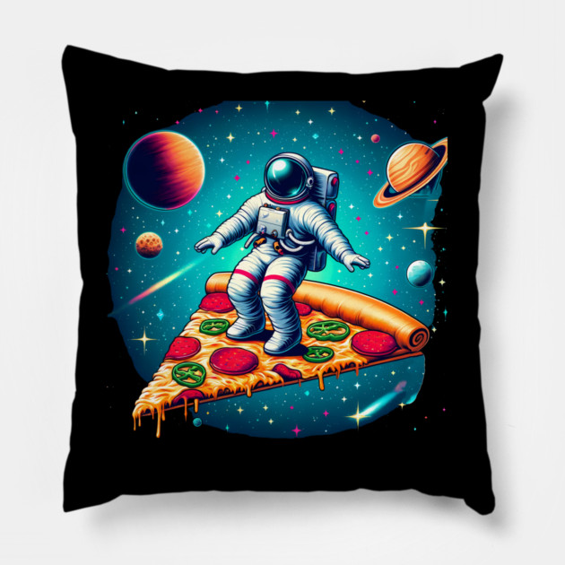 Funny Pizza Lover, Astronaut Surfing in Space Pillow by logiamerch