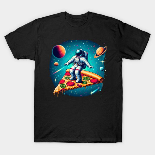 Funny Pizza Lover, Astronaut Surfing in Space T-Shirt by logiamerch