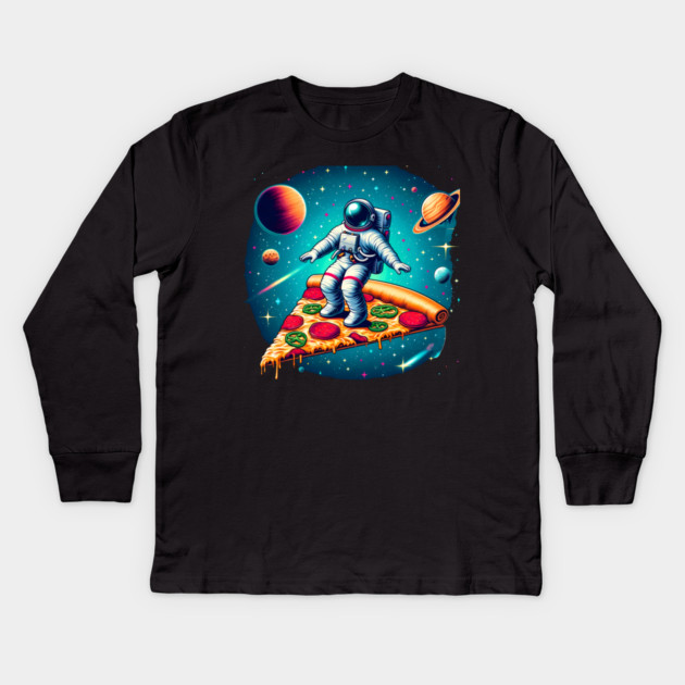 Funny Pizza Lover, Astronaut Surfing in Space Kids Long Sleeve T-Shirt by logiamerch