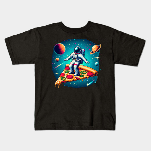 Funny Pizza Lover, Astronaut Surfing in Space Kids T-Shirt by logiamerch