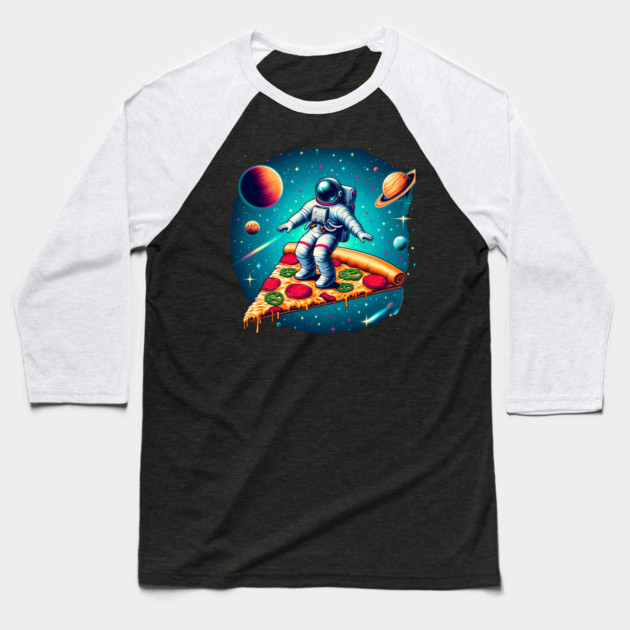 Funny Pizza Lover, Astronaut Surfing in Space Baseball T-Shirt by logiamerch