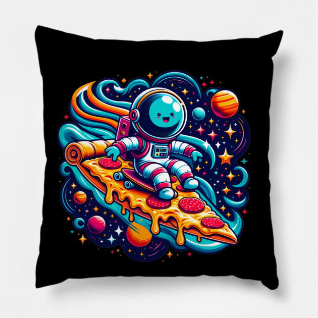 Funny Pizza Lover, Astronaut Surfing in Space Pillow by logiamerch