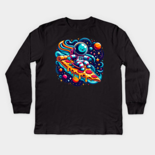 Funny Pizza Lover, Astronaut Surfing in Space Kids Long Sleeve T-Shirt