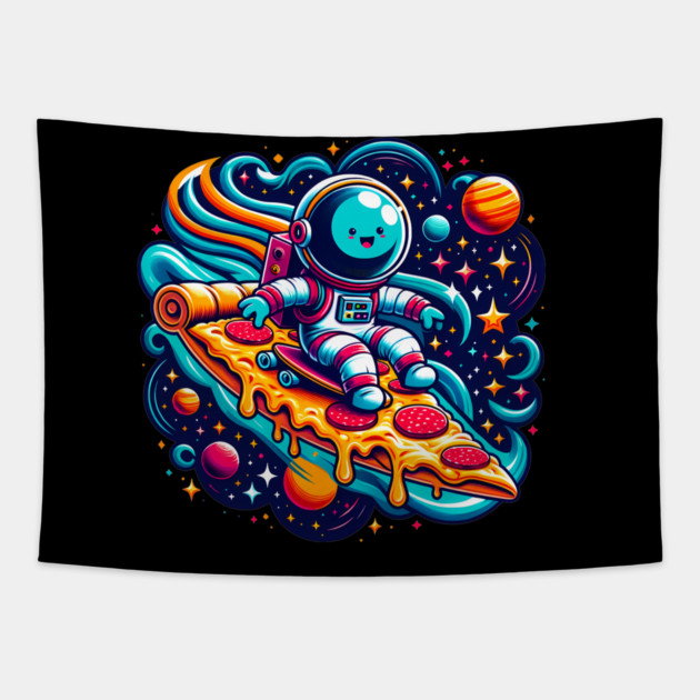 Funny Pizza Lover, Astronaut Surfing in Space Tapestry by logiamerch