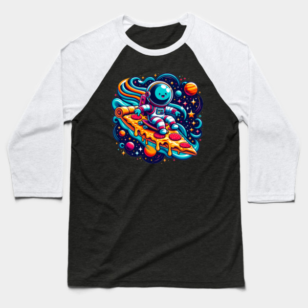 Funny Pizza Lover, Astronaut Surfing in Space Baseball T-Shirt by logiamerch