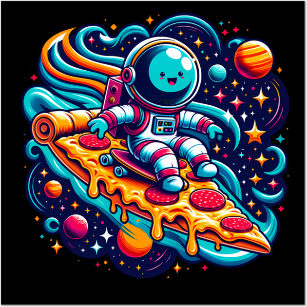 Funny Pizza Lover, Astronaut Surfing in Space Wall Art by logiamerch