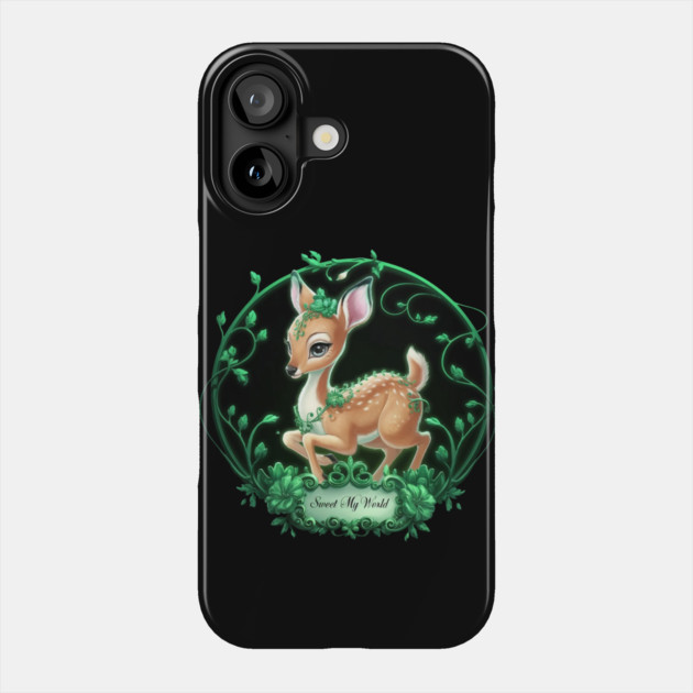Young Deer Green Floral Decorations Against a Black Circular & Text Reads “Sweet My World" Phone Case by animegirlnft