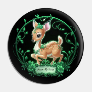 Young Deer Green Floral Decorations Against a Black Circular & Text Reads “Sweet My World" Pin