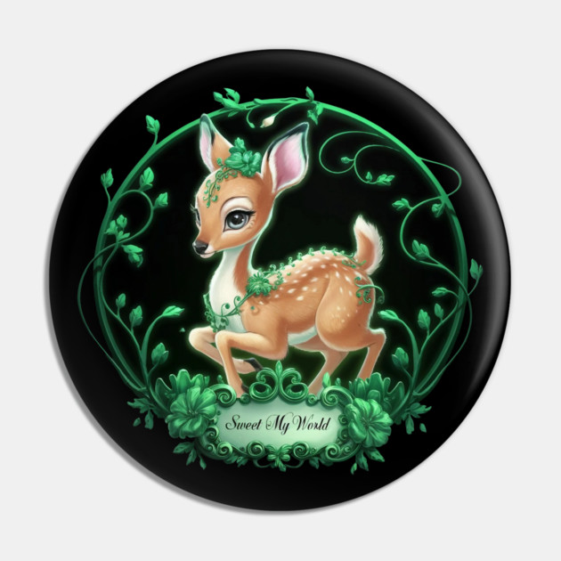Young Deer Green Floral Decorations Against a Black Circular & Text Reads “Sweet My World" Pin by animegirlnft