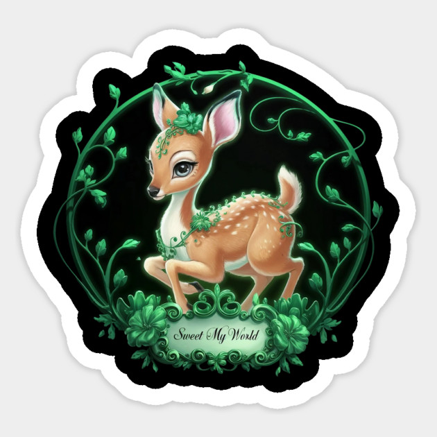Young Deer Green Floral Decorations Against a Black Circular & Text Reads “Sweet My World" Magnet by animegirlnft