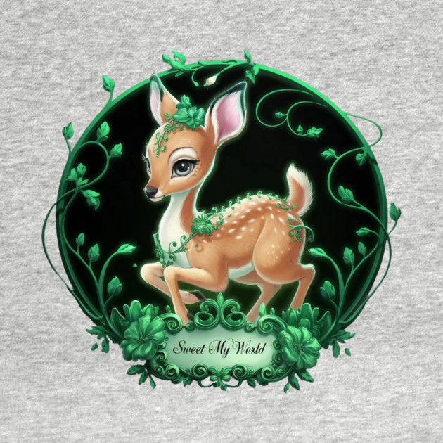 Young Deer Green Floral Decorations Against a Black Circular & Text Reads “Sweet My World" by animegirlnft