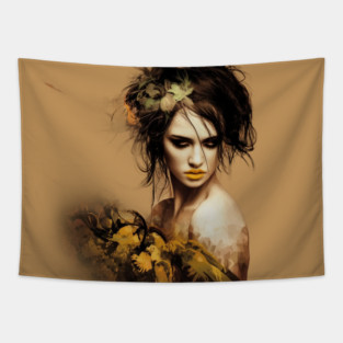 The woman image features an artistic depiction of a person Tapestry