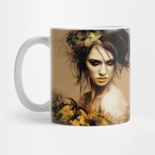 The woman image features an artistic depiction of a person Mug