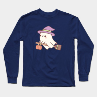 Cute Ghost Witch On Flying Broom Long Sleeve T-Shirt