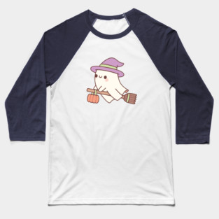 Cute Ghost Witch On Flying Broom Baseball T-Shirt