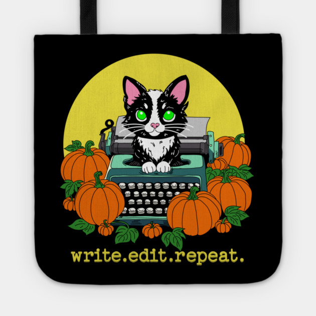 write edit repeat Halloween Cat Tote by H. R. Sinclair