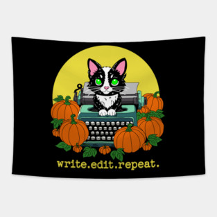 write edit repeat Halloween Cat Tapestry