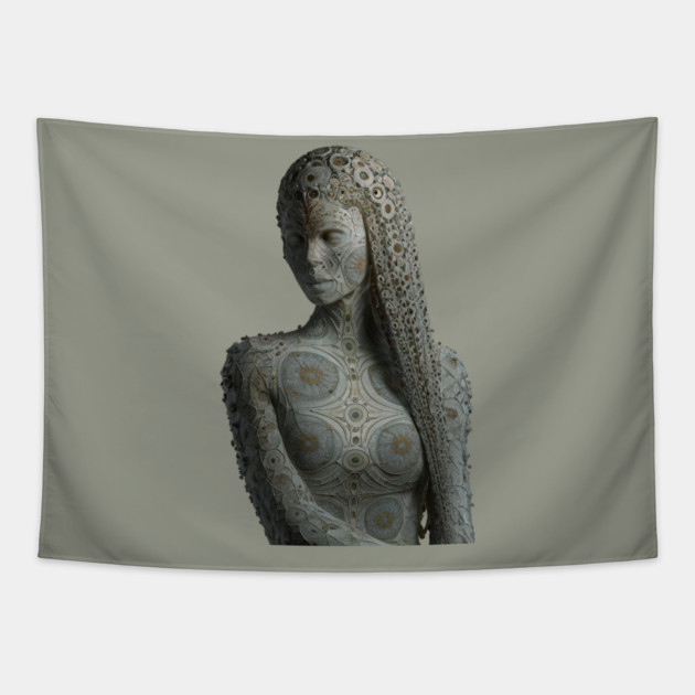 Woman Wearing an Intricately Patterned Garment Adorned With Circular and Floral-like Designs Grey Rectangle Tapestry by animegirlnft