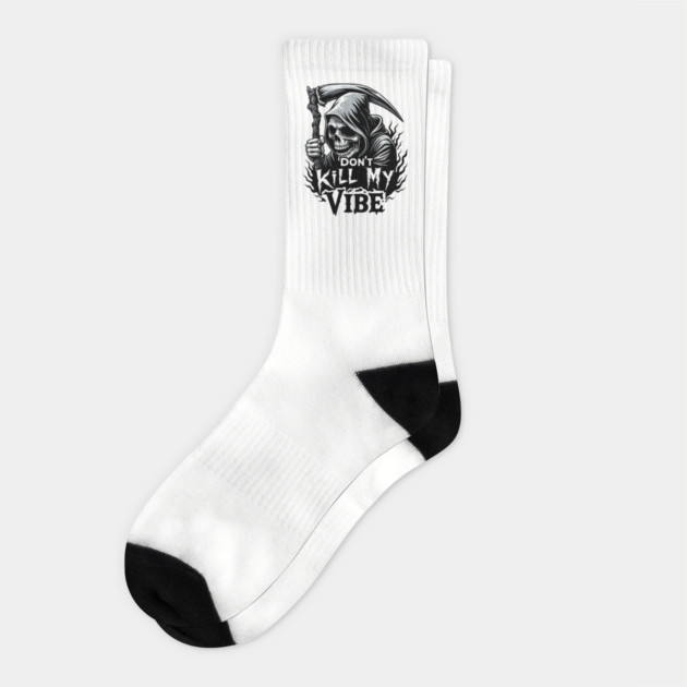Grim Reaper "Don't Kill My Vibe" Spooky Sarcasm Socks by Anticorporati