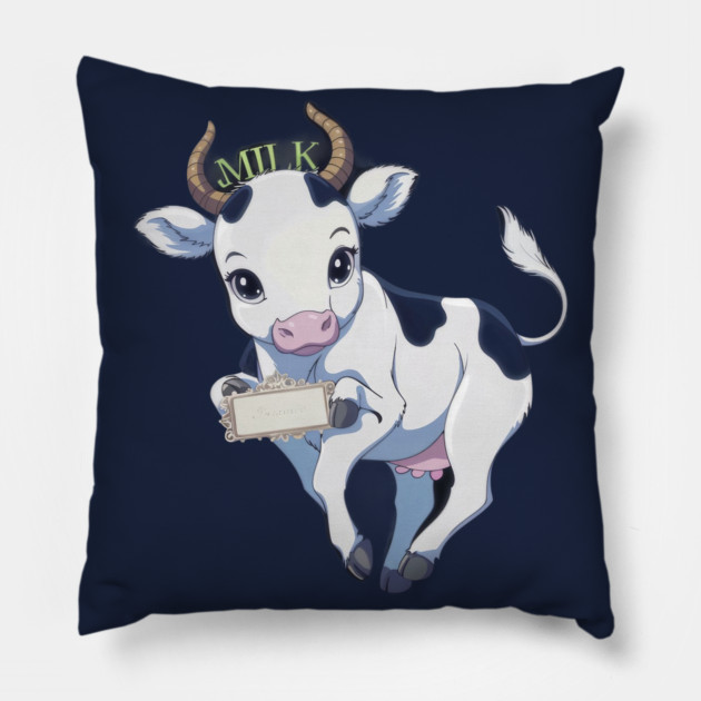Baby cow is predominantly white with black spots and is holding a sign that reads “Milk Pillow by animegirlnft