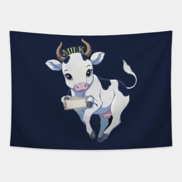 Baby cow is predominantly white with black spots and is holding a sign that reads “Milk Tapestry by animegirlnft