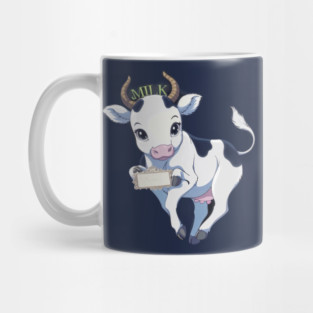 Baby cow is predominantly white with black spots and is holding a sign that reads “Milk Mug