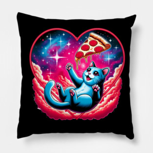 Cat Eating Pizza, Funny Pizza in Space Pillow