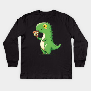 Cute Dinosaur Eating Pizza Kids Long Sleeve T-Shirt