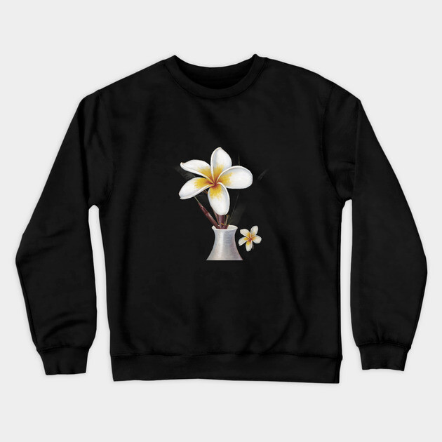 White Vase With a Narrow Neck, Containing Two Plumeria Flowers Crewneck Sweatshirt by animegirlnft