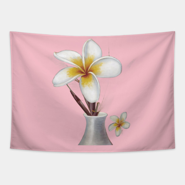 White Vase With a Narrow Neck, Containing Two Plumeria Flowers Tapestry by animegirlnft