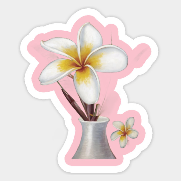 White Vase With a Narrow Neck, Containing Two Plumeria Flowers Sticker by animegirlnft